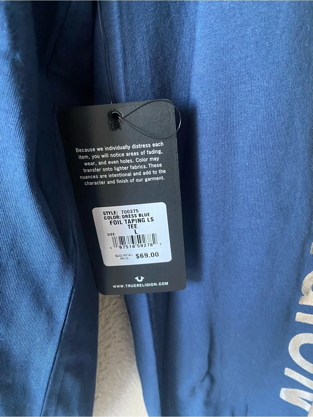 True Religion Navy Long Sleeve Logo Tee with Chest Stripe